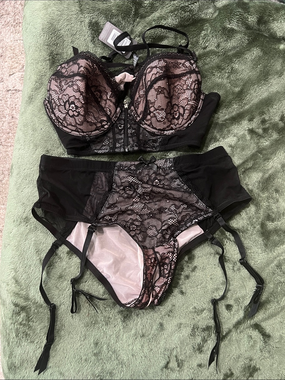 Elegant Black Lace Longline Bra & Garter Brief Set